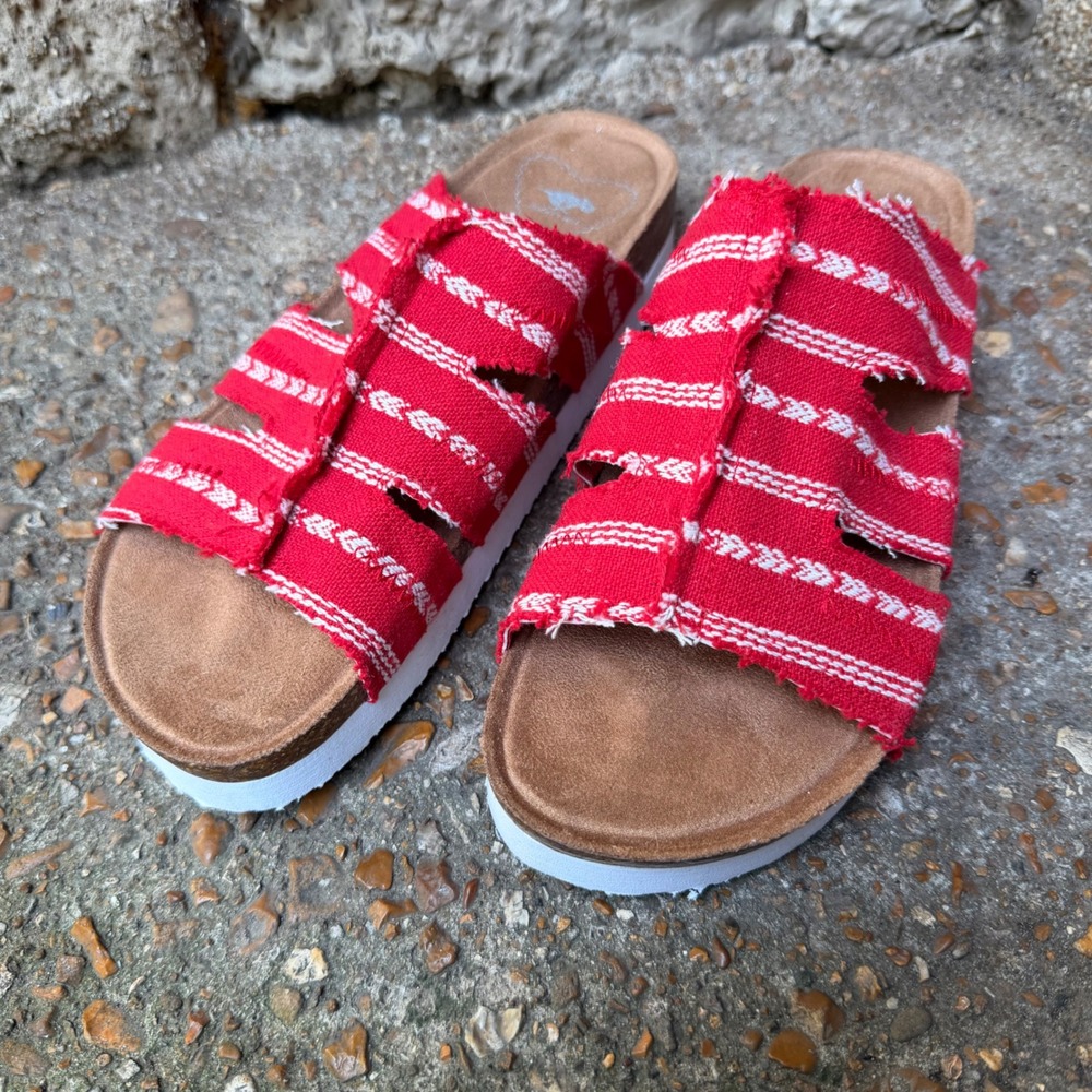 Rocket Dog Red White Striped Frayed Slide Sandals Womens 9 Platform C422/1221